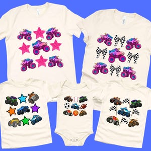 Matching monster truck shirt for kids and adults on natural beige colored t-shirts, with monster truck jam themed vehicles and pink stars, racing checkered stars, racing coquette black and white bows, racing checkered flags or athlete sports balls mixed with monster trucks. Perfect for any car show, Monster Truck How Cars Wheels Show, Pit Party, or gift for truck lovers, matching sibling shirts with a fun vibrant colorful vibe, with sparkle glitter stars, rainbow colors for Boys and Girls.