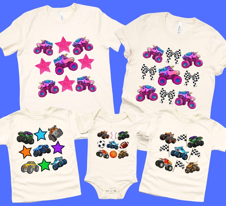 Matching monster truck shirt for kids and adults on natural beige colored t-shirts, with monster truck jam themed vehicles and pink stars, racing checkered stars, racing coquette black and white bows, racing checkered flags or athlete sports balls mixed with monster trucks. Perfect for any car show, Monster Truck How Cars Wheels Show, Pit Party, or gift for truck lovers, matching sibling shirts with a fun vibrant colorful vibe, with sparkle glitter stars, rainbow colors for Boys and Girls.