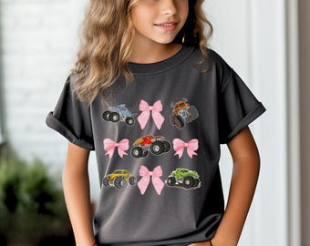 Camiseta de Monster Truck para niña: lazo rosa, colores cómodos, camiseta para el día de la carrera