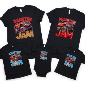 May include: A set of four black t-shirts with a monster truck design and the text "Dadster Jam", "Momster Jam", and "Kidster Jam".