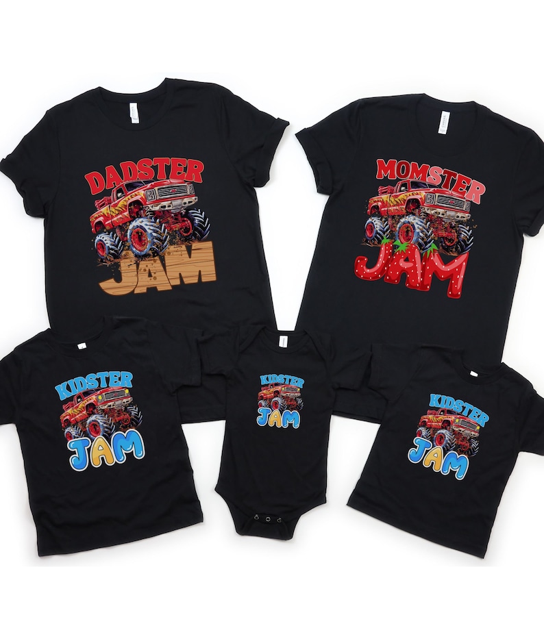 May include: A set of four black t-shirts with a monster truck design and the text "Dadster Jam", "Momster Jam", and "Kidster Jam".