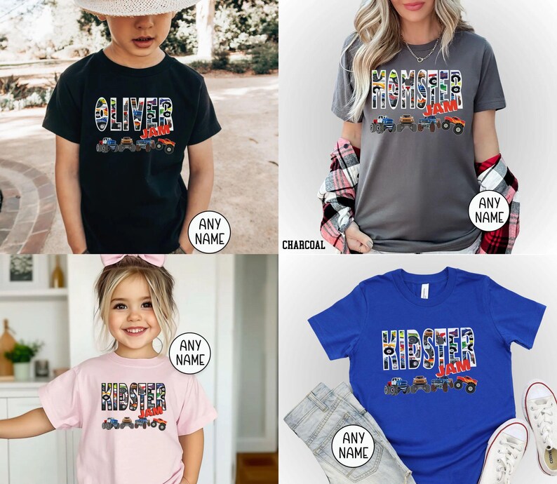 Op de afbeelding: Vier T-shirts met een monstertruck-ontwerp met de woorden "Kidster Jam", "Monster Jam" en "Oliver Jam". De shirts zijn verkrijgbaar in roze, blauw, zwart en antraciet.