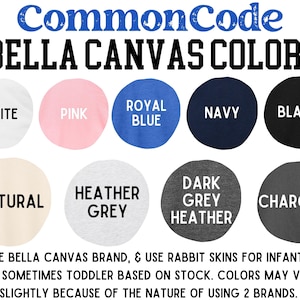 Puede incluir: Un gr&aacute;fico que muestra los diferentes colores disponibles para las camisetas de la marca Bella Canvas. Los colores incluyen blanco, rosa, azul real, azul marino, negro, natural, gris jaspeado, gris oscuro jaspeado y carb&oacute;n.