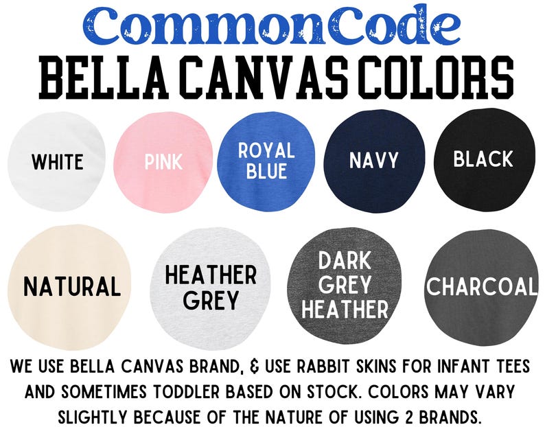 Puede incluir: Un gr&aacute;fico que muestra los diferentes colores disponibles para las camisetas de la marca Bella Canvas. Los colores incluyen blanco, rosa, azul real, azul marino, negro, natural, gris jaspeado, gris oscuro jaspeado y carb&oacute;n.