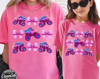 Monster Trucks and Coquette Bows Comfort Colors T-Shirt - Sparkle Pink Rainbow Smash Unicorn Trucks with Pink and White Bows - So Jam Fun