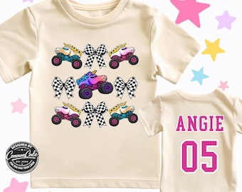 Kids Monster Truck Theme 2-Sided T-shirts - Front Back 2-Sided Shirts with Coquette Bows and Checkered Flags - Sparkle Toro Unicorn Shark