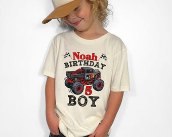 Custom Five Year Old Boy Birthday Monster Truck Theme T-Shirt - Boys Fifth Family Party Custom Name Age Number Racing Team Crew Tee