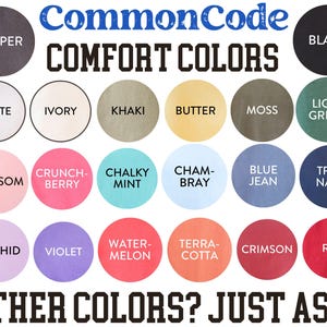 Puede incluir: Tabla de colores "CommonCode COMFORT COLORS" que muestra varios tonos. La tabla incluye colores como Pimienta, Negro, Blanco, Marfil, Caqui, Mantequilla, Musgo, Verde claro, Blossom, Crunch-Berry, Menta tiza, Chambray, Azul vaquero, Azul marino, Orqu&iacute;dea, Violeta, Sand&iacute;a, Terracota, Carmes&iacute; y Rojo.