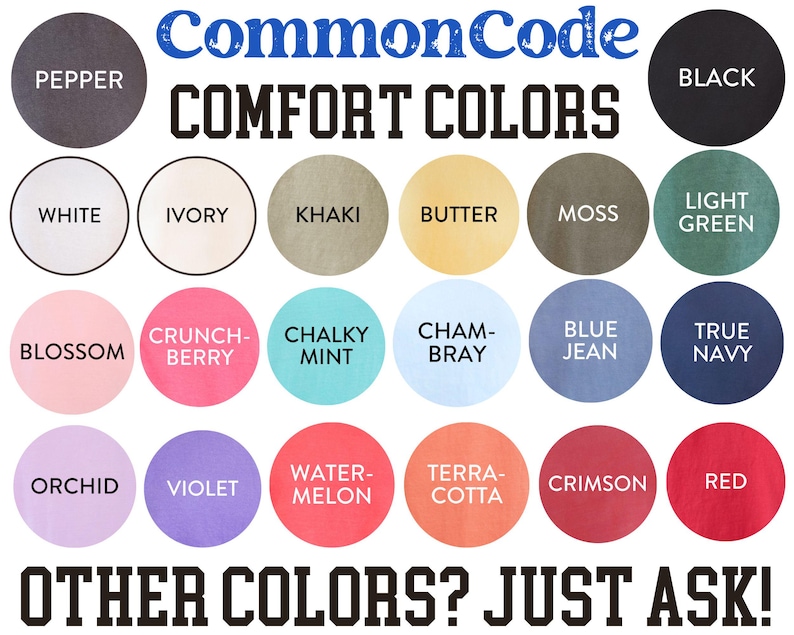 Puede incluir: Tabla de colores "CommonCode COMFORT COLORS" que muestra varios tonos. La tabla incluye colores como Pimienta, Negro, Blanco, Marfil, Caqui, Mantequilla, Musgo, Verde claro, Blossom, Crunch-Berry, Menta tiza, Chambray, Azul vaquero, Azul marino, Orqu&iacute;dea, Violeta, Sand&iacute;a, Terracota, Carmes&iacute; y Rojo.