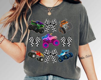 Family Monster Truck Comfort Colors Shirt, Matching Race Day Tees, Checkered Bows and Flags
