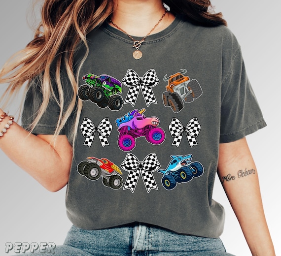 Family Monster Truck Comfort Colors Shirt, Matching Race Day Tees, Checkered Bows and Flags