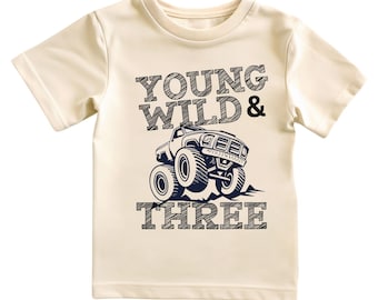 Boys Retro Birthday Monster Truck Theme Old School Young Wild Three Third Party Family Matching Crew T-Shirt Front Back Custon Name Age Son