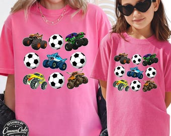 Family Soccer Balls and Cartoon Monster Trucks 2-Sided Front Back Design T-Shirt - Custom Black and White Checkered Number on Back