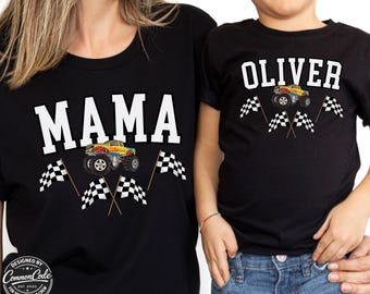 Monster Truck family matching Custom Name Bella Canvas T-Shirts - Black and white checkered flags Yellow Multi-Colored Truck graphic So Cool