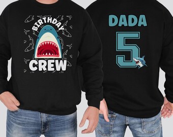 Custom Shark Theme Family Birthday Party Sweatshirt With Personalized Name & Number on Back - Great White Shark Blue - Megalodon Sweater