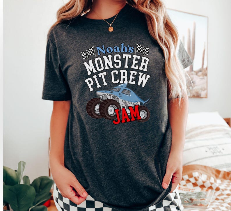 Shark Monster Truck Jam Family Matching T-Shirt. Do you like the megalodon? How about your child? Then you need this one. You can make this a birthday ensemble tee. (See Photo's) You can Customize this one with your name as shown. Pit Crew Party? Yes. This is also a Front back 2-Sided Design which is cool. Put your name and Number on the back. Adult and child sizes in many colors. Really Cool Shirt for son, mom dad sis anyone and all of you.