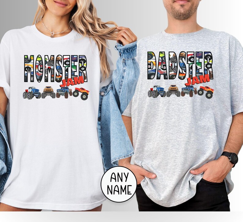 May include: Two gray t-shirts with a graphic design of monster trucks and the words "Momster Jam" and "Dadster Jam".