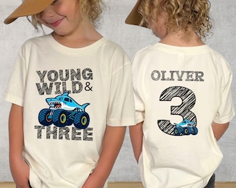 Derde verjaardag Megalodon Shark Monster Truck jongens en meisjes feest T-shirt, bijpassende Family Pit Crew Tee voorkant achterkant aangepaste naam afdrukken