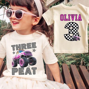 Camiseta personalizada para aniversariante com tema Monster Truck Jam rosa - Estampa xadrez com estrelas em ambos os lados (frente e verso) imagem 3