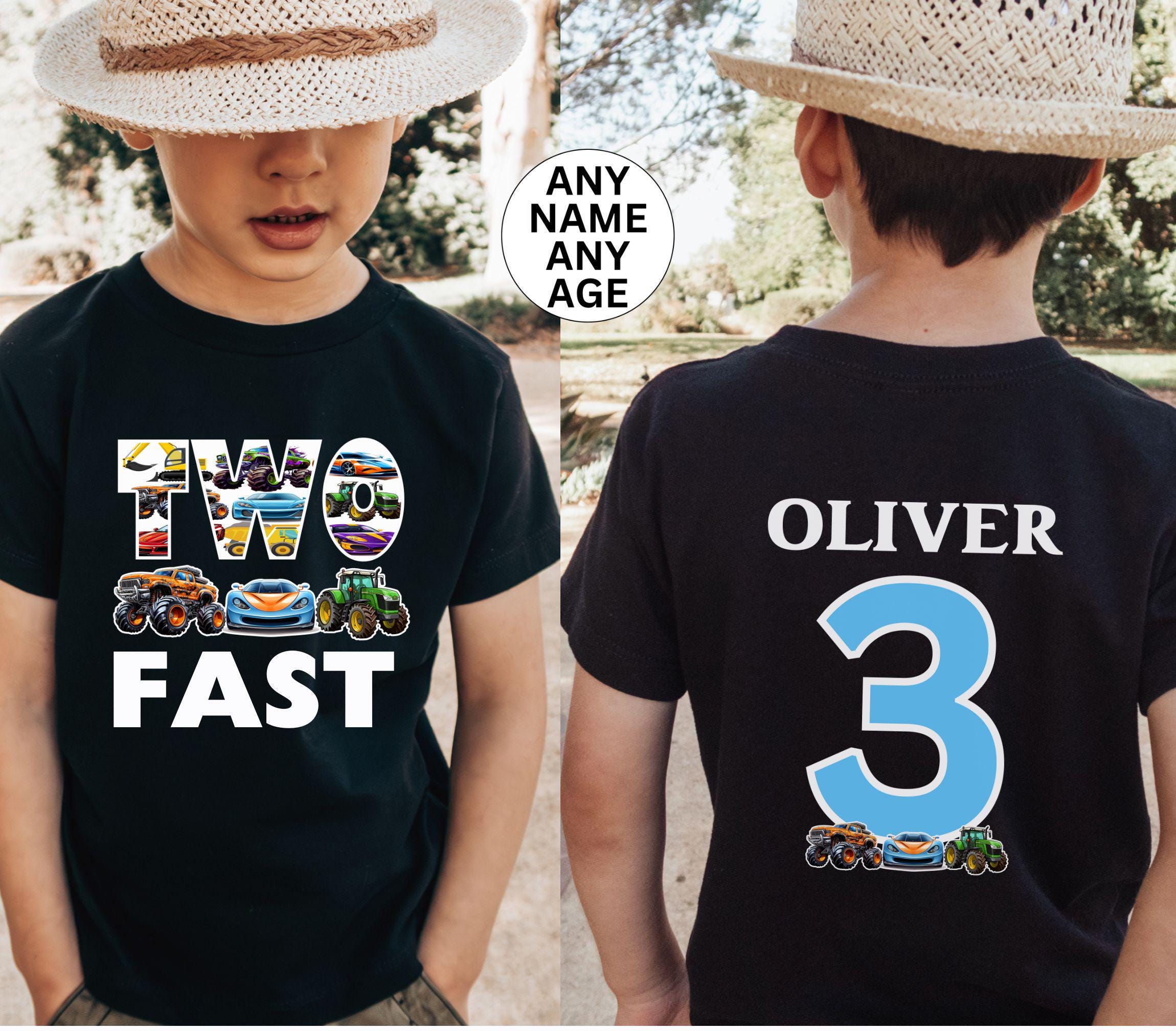 Custom Two Fast Toddler Boy Second 2nd 3rd Birthday Boy Monster Truck Race Car Green Tractor Construction Vehicles Theme Front Back Name Age