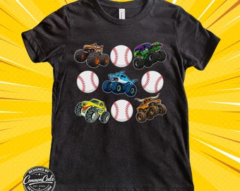 Monster Truck Baseball T-Shirt For Boys - Birthday Number Tee, Family Matching Party Outfit, Toddler Youth Adult Crew, Baseballs & Trucks
