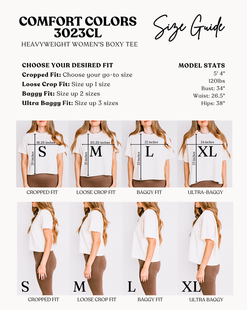 K&ouml;nnte beinhalten: Gr&ouml;&szlig;entabelle f&uuml;r ein schweres, locker sitzendes Damen-T-Shirt, das vier verschiedene Passformen zeigt: Cropped, Loose Crop, Baggy und Ultra-Baggy. Das Model tr&auml;gt in jeder Passform ein wei&szlig;es T-Shirt mit Ma&szlig;angaben in Zoll f&uuml;r jede Gr&ouml;&szlig;e. Das Model ist 1,63 m gro&szlig; und wiegt 54 kg, mit einem Brustumfang von 86 cm, einem Taillenumfang von 67 cm und einem H&uuml;ftumfang von 97 cm.