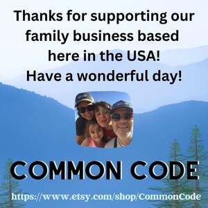 May include: A family of four smiles for the camera in front of a blue mountain landscape. The text "COMMON CODE" is displayed in large, bold letters below the image. The text "https://www.etsy.com/shop/CommonCode" is displayed below the text "COMMON CODE".