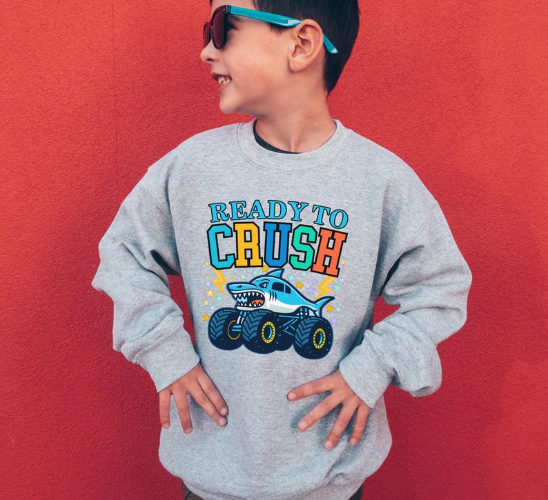 "ready to crush" monster truck shirt sweatshirt. Kids truck birthday shirt. Megalodon Shark Monster Truck shirt. Family Matching Truck shirts.