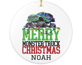 Personalized Monster Truck Christmas Ornament: Custom Name Ceramic Decoration