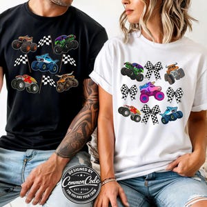 Boys Race Car Birthday Party Shirt, Monster Truck Jam Shirt for Boys, Checkered Flag Racing Trucks Tee, Family Matching Girl Checkered Bows image 4
