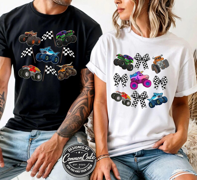 Boys Race Car Birthday Party Shirt, Monster Truck Jam Shirt for Boys, Checkered Flag Racing Trucks Tee, Family Matching Girl Checkered Bows image 4