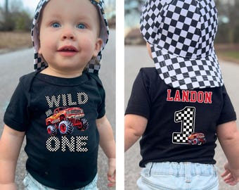 Toddler Boys First One Year Old Birthday Monster Truck Theme Bodysuit Family Matching Pit Crew T-Shirts w/Black and White Checkered Letters
