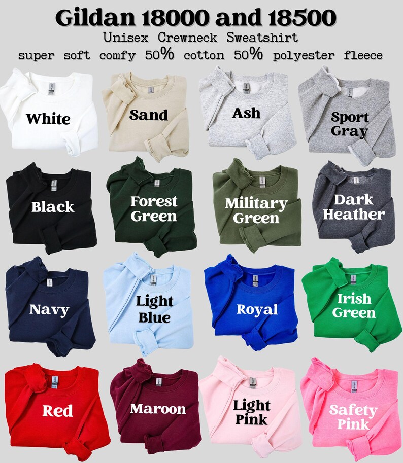 Pu&ograve; includere: Una cartella colori di felpe con collo a girocollo unisex Gildan 18000 e 18500. La cartella mostra 16 colori diversi, tra cui bianco, sabbia, cenere, grigio sportivo, nero, verde bosco, verde militare, grigio melange scuro, blu navy, blu chiaro, blu reale, verde irlandese, rosso, bordeaux, rosa chiaro e rosa sicurezza.