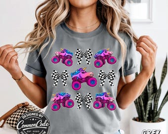Pink Monster Trucks and Coquette Bows Comfort Colors T-Shirt - Sparkle Pink Rainbow Smash Unicorn Trucks with Choice of 2 Bows - So Much Fun