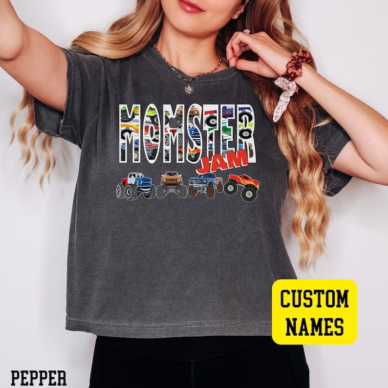 Womens Crop top Comfort Colors Pepper Momster Jam Truck Event Tour Show Birthday Boy Party Pit Crew Monster Truck Mom Mama Baby Pregnancy Announce Mom Birthday Christmas Mothers Day Gift