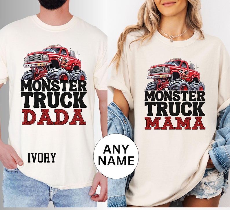 May include: Two white t-shirts with a red monster truck graphic and the text "Monster Truck Dada" and "Monster Truck Mama".