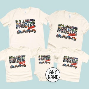 5 t-shirts in Natural color with Pattern Letters of colorful Monster Trucks that say "Momster Jam", "Dadter Jam", "Kidster Jam", "Sister Jam", and "Birthday Boy". Each has a row of 4 mulit-colored monster trucks underneath. Perfect for Monster truck Birthday Party or Gift ,show Jam event, everyday wear for Truck lovers, matching family group events- personalized names available. Unisex adult, kids, infant sizes.