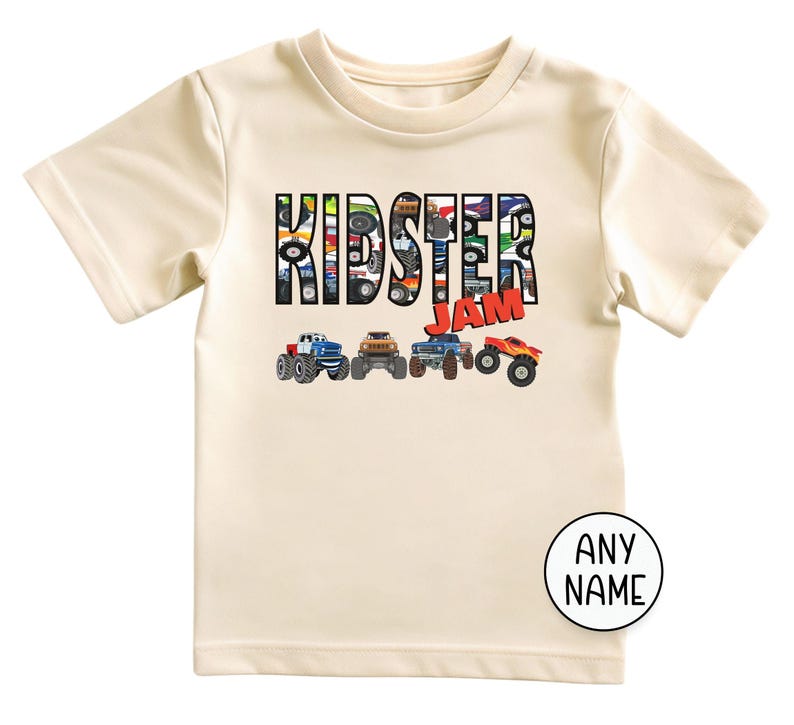Unisex Black  Kids Toddler T-shirt that says "Kidster Jam" in Monster truck Jam patterned letters with a row of 4 Monster Trucks Multi-colored colorful perfect for Race Day Monster Truck Jam Event or Birthday Gift or Pit Party. Personalized custom Names. Comes in Adult, Kids, and infant sizes for the whole family. Momster Jam, Dadster Jam, Kidster Jam.