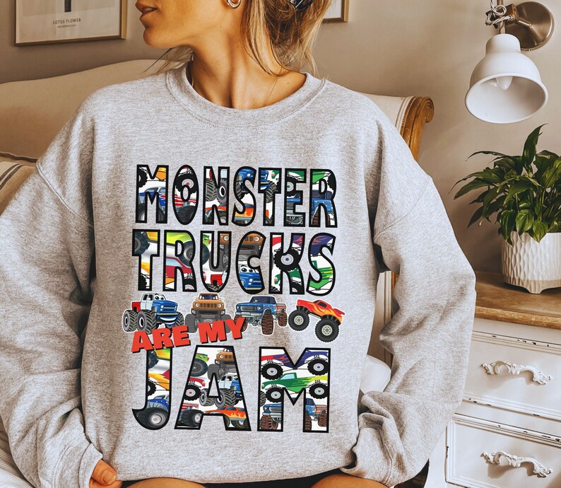 monster trucks are my jam sweatshirt sweater crewneck with trucks inside the letters. Matching family sweatshirts Mommy Mini Mamas boy mama dada toddler  youth adult sized cozy sweatshirts