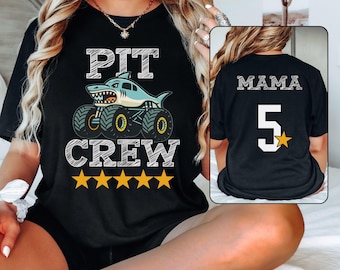 Boys Fifth Birthday Monster Truck Party Mom's T-Shirt With Front Back Print - Shark Pit Crew Family Outfit Custom Name Number Five Stars