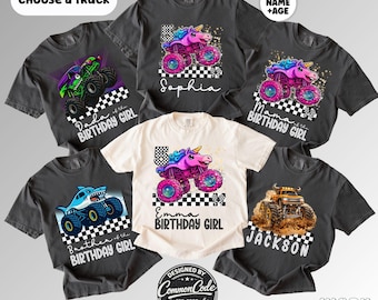 Family Matching Monster Truck Birthday Shirts, Mama Dada of the Birthday Girl, Custom Name Age Tee,Fun Sibling Grandparent Group Party Shirt