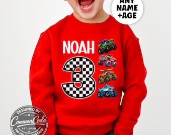 Toddler Monster Truck Jam Sweatshirt, Custom Name Age Checker Race Car Sweater, 1st, 2nd, 3rd, 4th, 5th Birthday Crewneck, Fun Toddler Gift