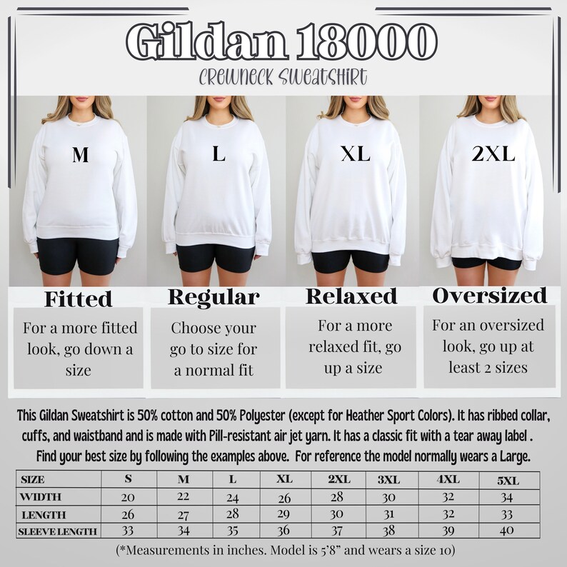 Puede incluir: Tabla de tallas para sudaderas con cuello redondo Gildan 18000 en tallas S a 5XL. La tabla muestra las medidas de ancho, largo y largo de manga en pulgadas. La tabla tambi&eacute;n incluye descripciones del ajuste para cada talla: ajustado, regular, holgado y extragrande.