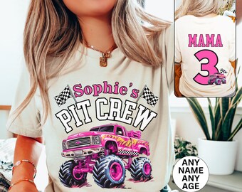 Personalized Pink Monster Truck Mama, Birthday Girl Party Shirt, Pit Crew Party Outfit, Custom Name Age,Family Matching Race Celebration Tee