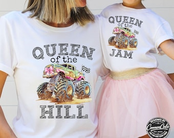 Mom and Daughter Monster Truck Queen of the Jam themed t-shirt womens Tee pink coquette bow black white checkered flags Mommy and Me