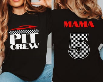 Red Race Car Pit Crew Mama 2-Sided T-Shirt: Custom Name With Black and White Checkered Number on the Back - Family Birthday Matching Shirts