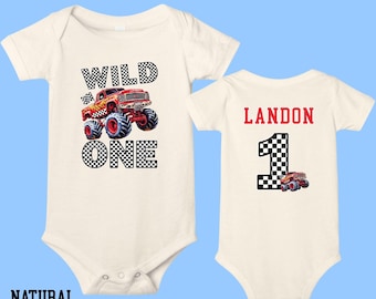 Toddler Boys One Year Old Birthday Monster Truck Theme baby Bodysuit Family Matching Pit Crew T-Shirts w/Black and White Checkered Letters