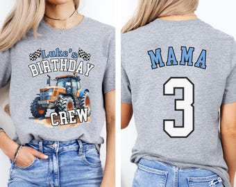Childs Birthday Tractor Theme Party T-Shirt: Family Crew Matching Outfit - Boys Girls Farm Rural Custom Name Number Front Back 2-Sided Age