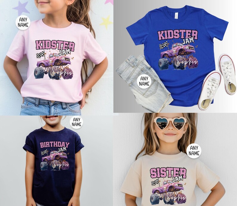May include: A selection of children's t-shirts in different colours, each displaying a monster truck graphic with the text "Kidster Jam", "Birthday Jam", or "Sister Jam". The shirts are in pink, blue, navy, and beige.