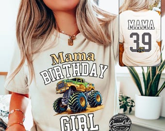Women's Birthday Double-Sided Party T-Shirt - Monster Truck Jam theme Shirt - Family Matching Custom Front Back Name Age Tee - Personalized